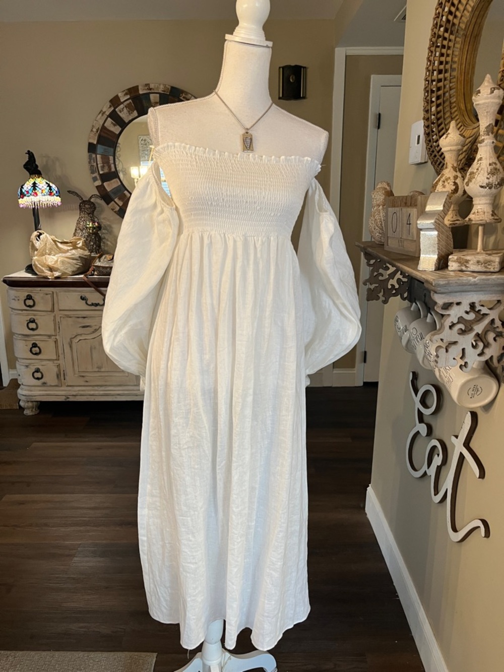 Petal & Pup White Off-Shoulder Smocked Midi Dress with Balloon Sleeves